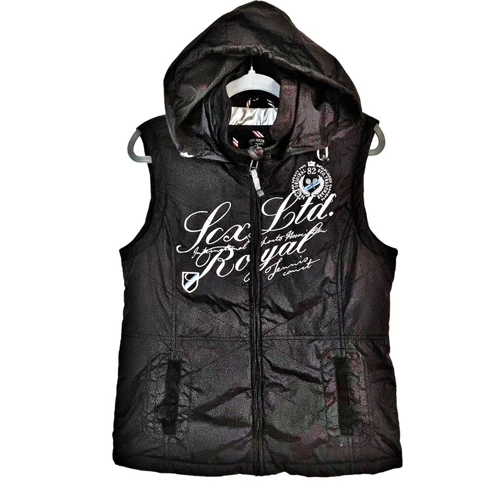 Soccx Black Size L Women Royal Tennis European Vest Zip On Hood Lined Embroidery